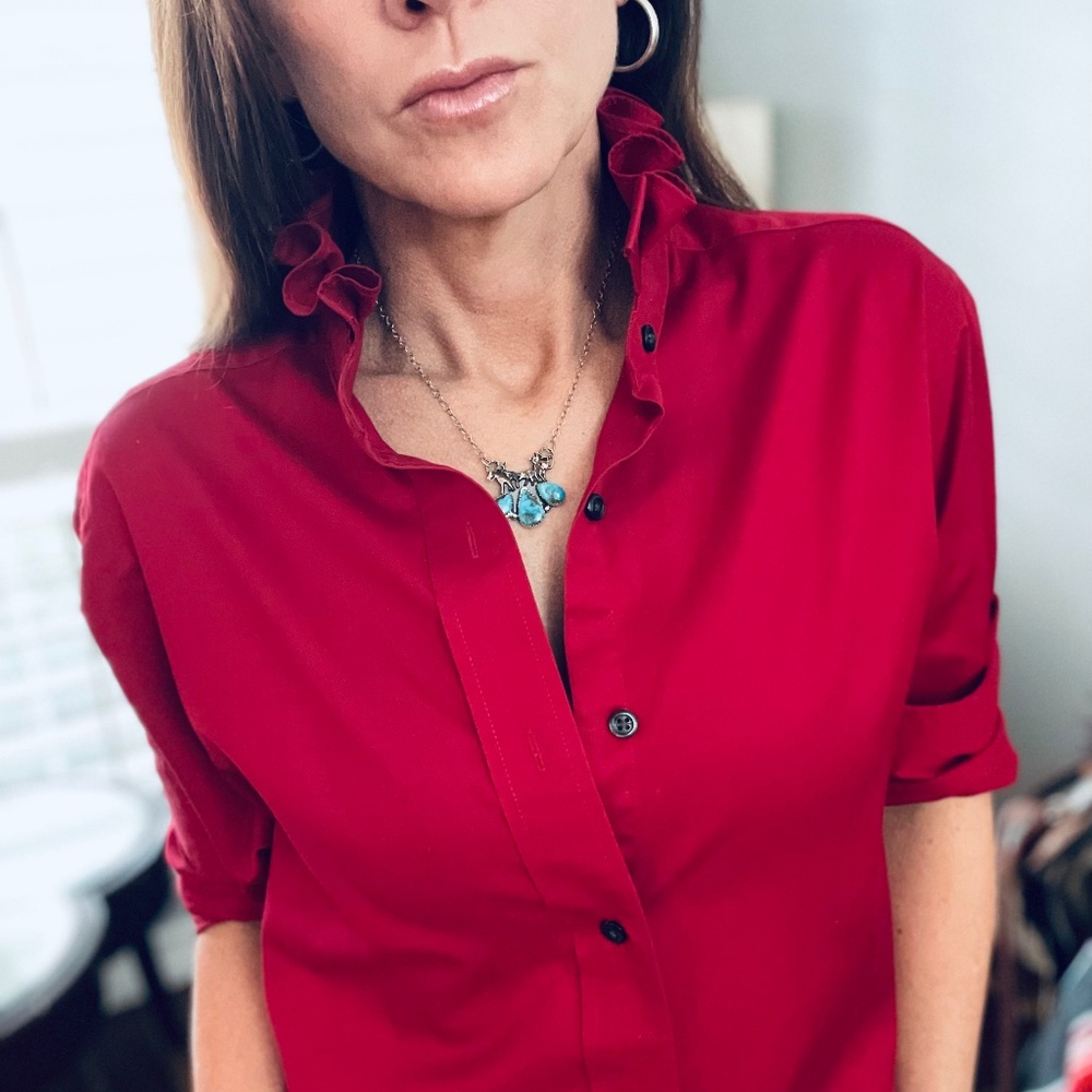 So hot! Scarlett Red Ruffle Collar Long Sleeve Blouse - Reworked Mens Top